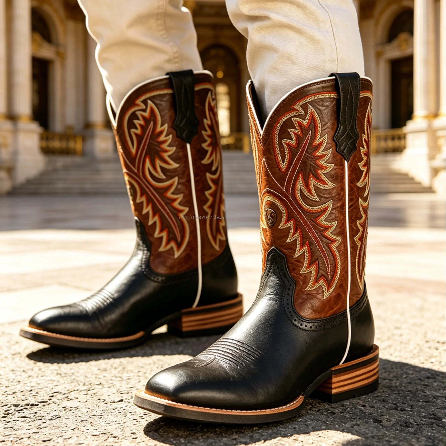 Retro Embroidery Western Mid Boots Men Black Brown Cowboy Pirate Boot Handmade Unisex Elegant Riding Outdoor Shoes Footwear