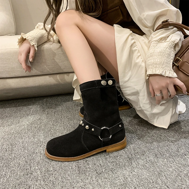 CRLAYDK 2024 Winter New Women\'s Flat Ankle Mid Top Suede Folding Boots Slip On Vintage Western Cowboy Fashion Cowgirl Booties