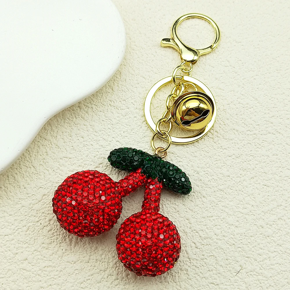 Sweet Fruit Cherry Keyholder For Women Men Blingbling Rhinestone Female Simple Bell Handbag Accessories Keyring Jewelry Gifts