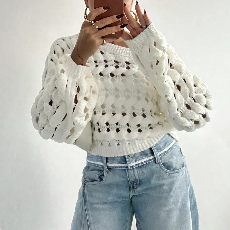 Bohemian Off‑Shoulder Chunky Cable Hollow Out Knit Top Women 2026 Autumn Winter Long Sleeve Casual Pullover Sweater Tops