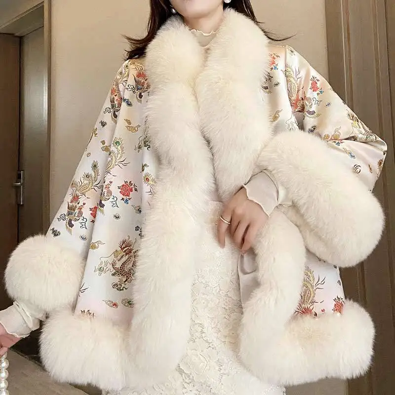 Embroidery Female Coat Winter Faux Fur Jacket Harajuku Beading Tang Suit Cloak Women Elegant Coat casacos de inverno femininos