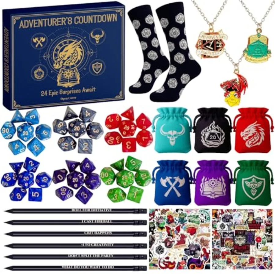 

DND Dice Advent Calendar 2025 24 Days Countdown Gift with Dice Set Themed Peils for Tabletop RPG Game Gift for Teens