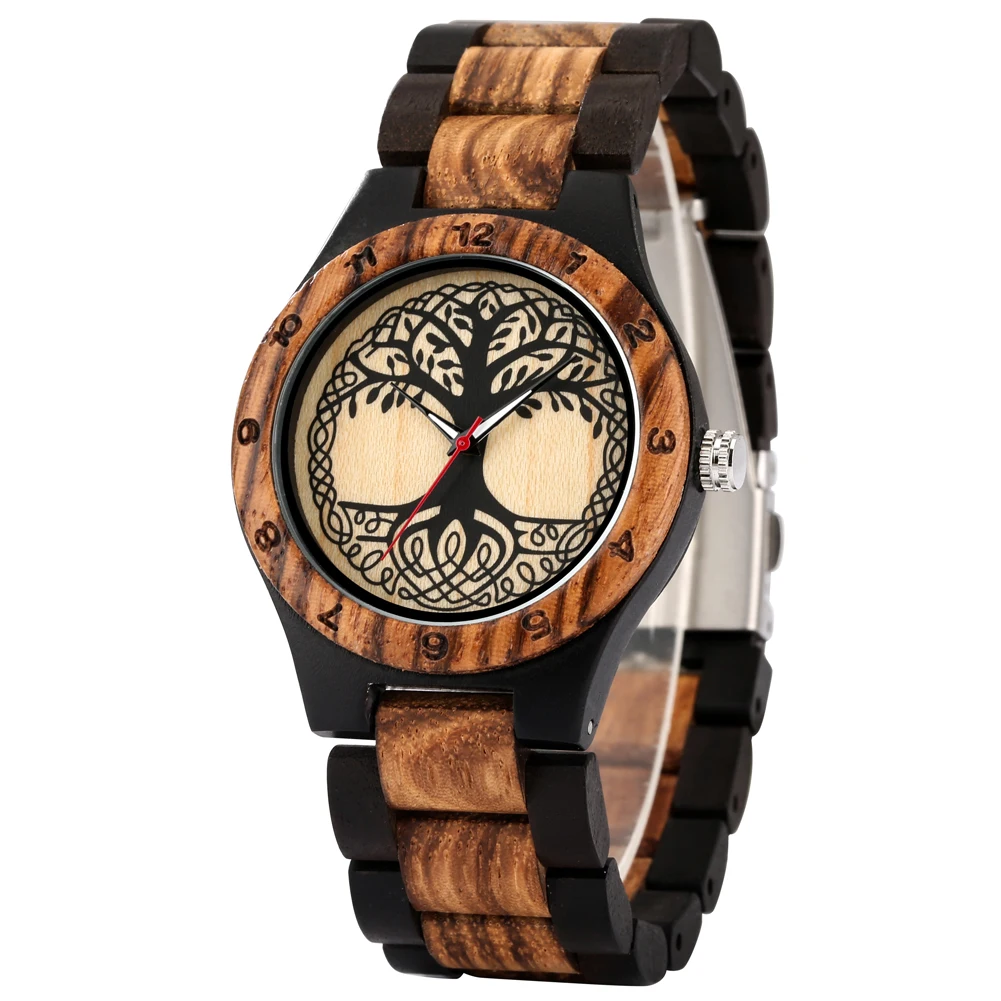 Frauen Holz Uhren Skala Arabischen Ziffern Zebra Holz Armbanduhr Klapp Verschluss Leben Baum Muster Zifferblatt Holz Uhr für Frauen