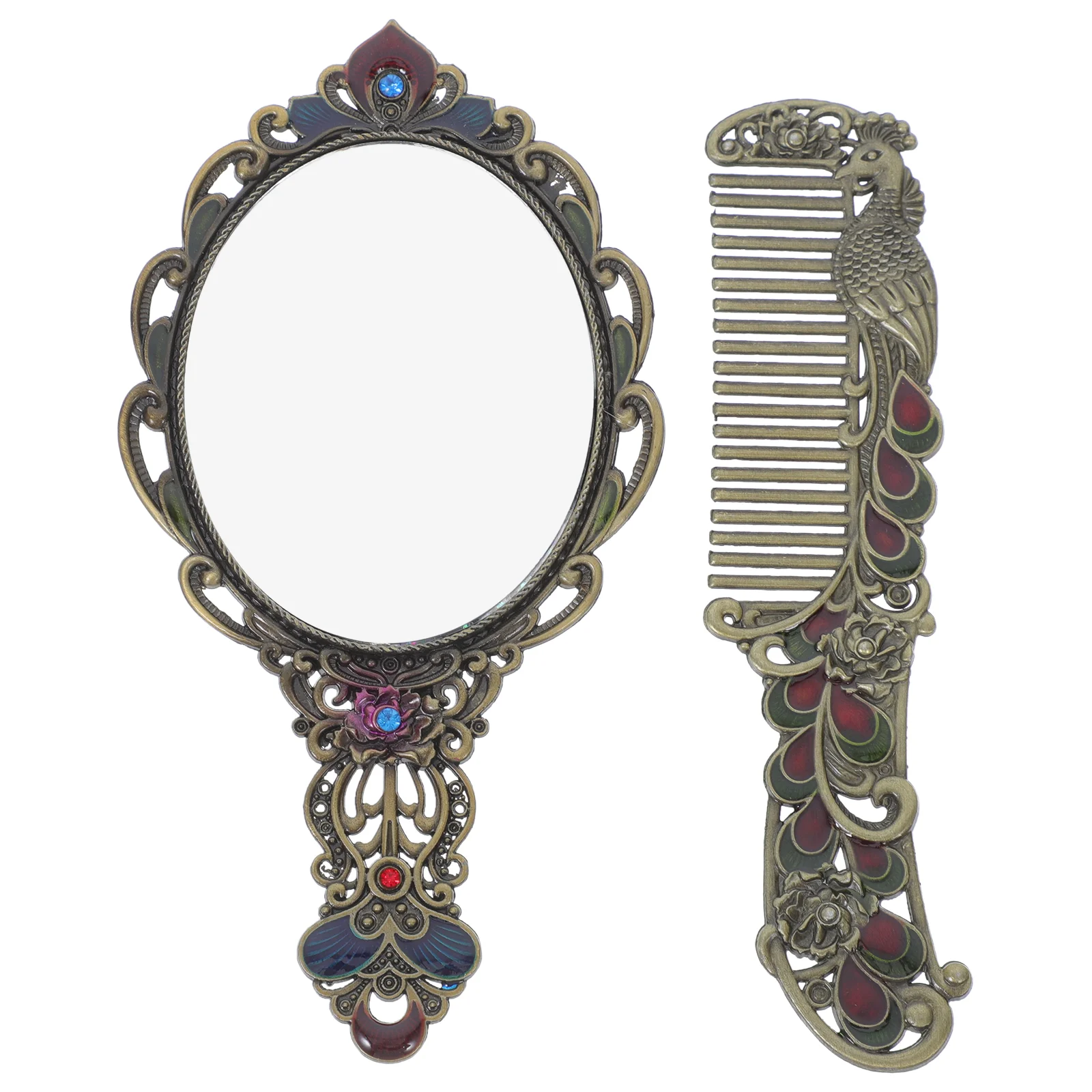 

Antique Mirror Comb Set Vintage Metal Handheld Makeup Mirror A Comb Embossed Peacock Hand Mirror Travel Portable Foldable