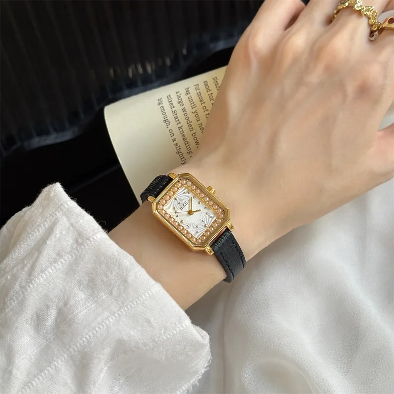 Pearl small square watch ladies retro light luxury niche temperament commuting versatile small dial women's watch
