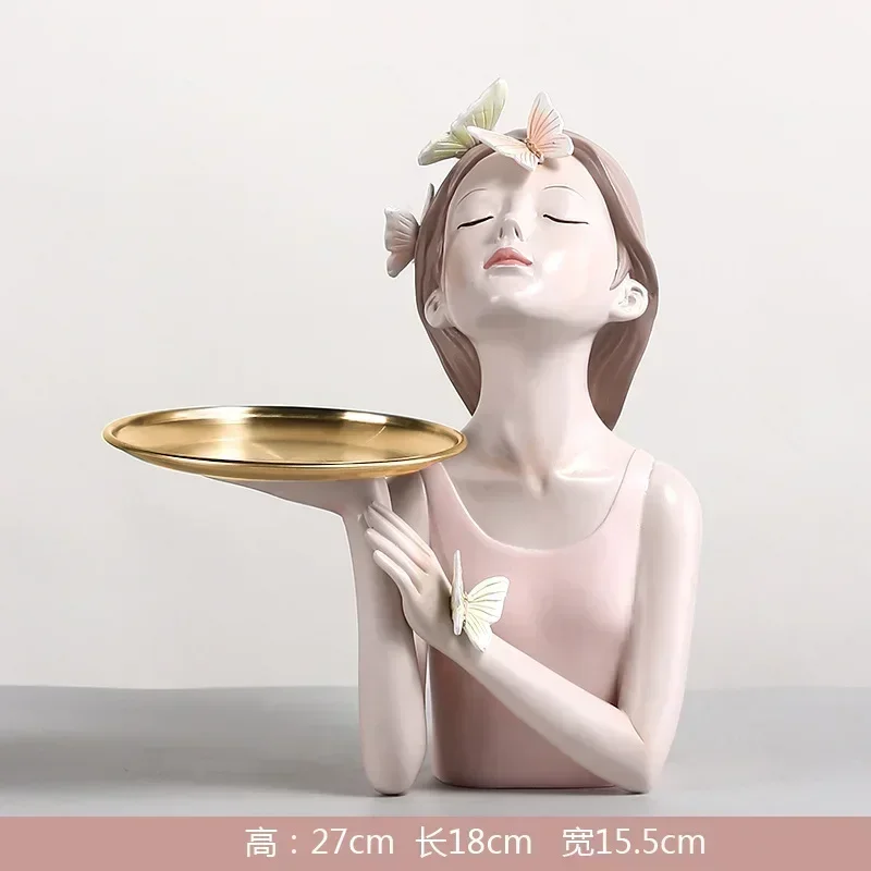 Sculpture Butterfly Fairy Girl Figurines Resin Tabletop Statues Shelf Characters with Metal Gold Tray Home Decor Craft Gifts