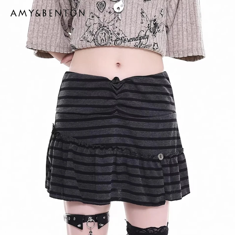 

2026 Spring Summer New Black Striped Splicing Women's Skirt Original Design Sweet Cute Versatile High Waist Short Skirts Ladies