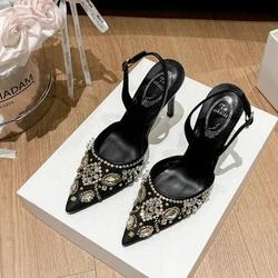 Spring and summer pointed mesh beaded crystal wedding shoes thin high-heeled banquet dress large size small size women's sandals