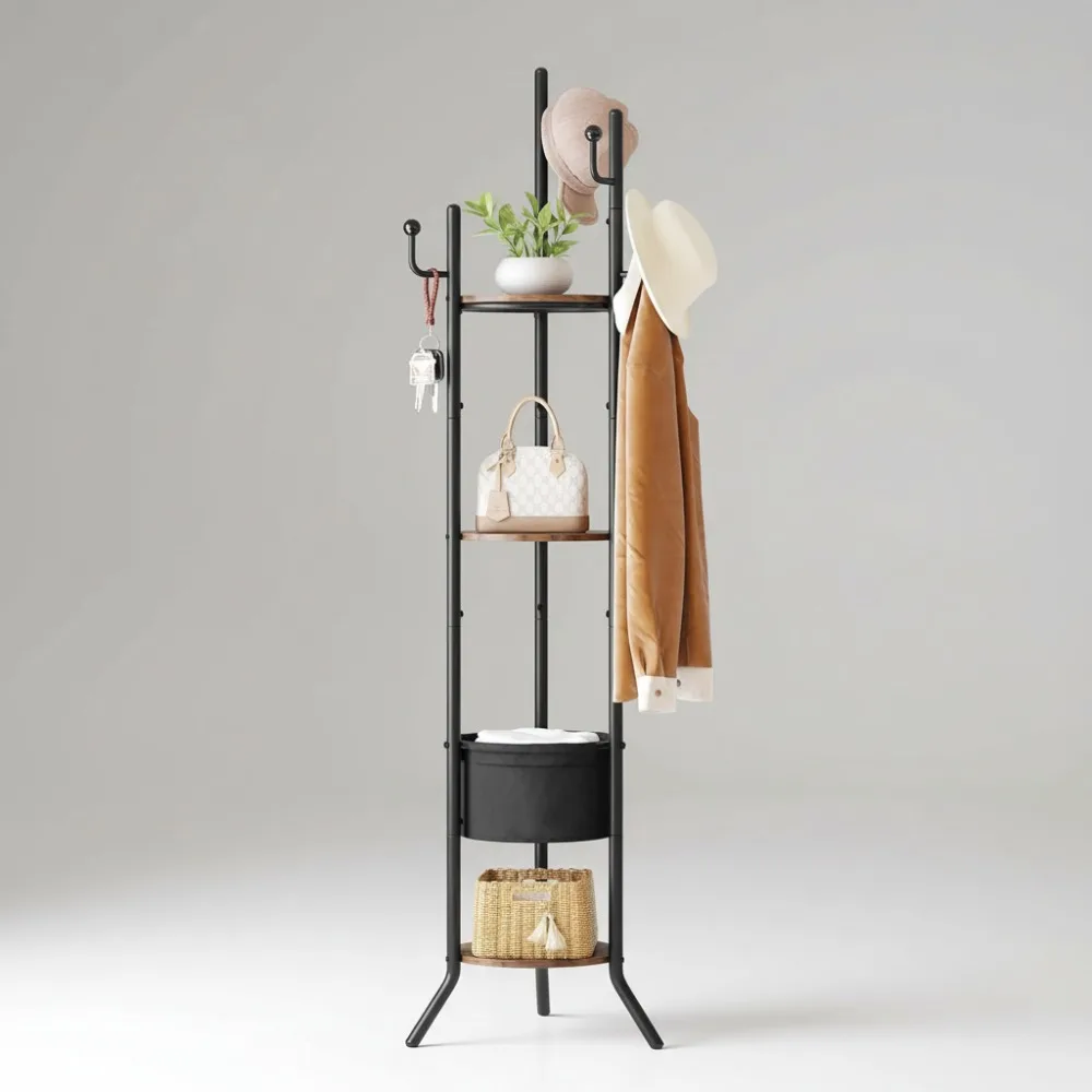 

Отдельно стоящая круглая вешалка для одежды с 3 деревянными полками, тканевая корзина, 5 крючков для одежды, шляп, сумок коричневого и черного цвета.