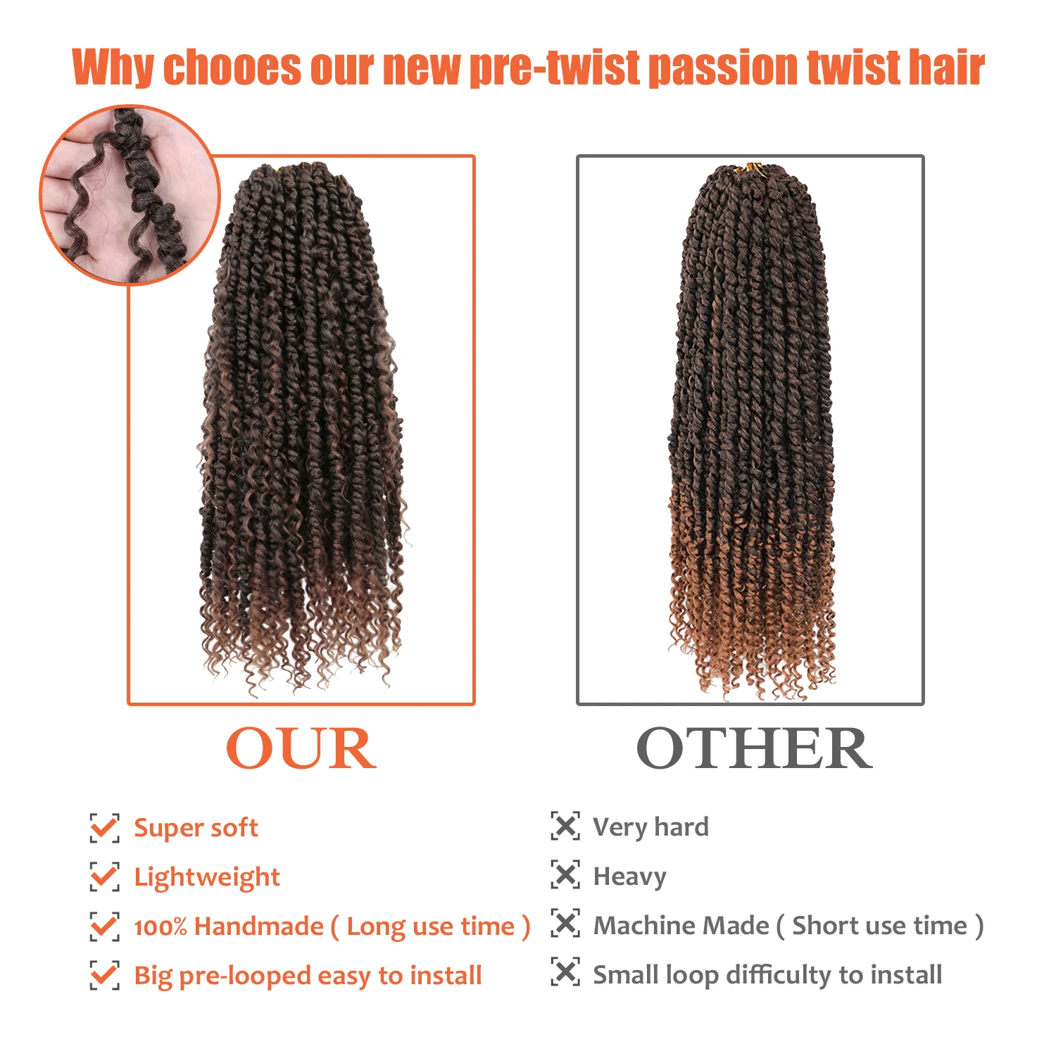 Dansama Boho Passion Twist Crochet Hair Pre-looped Synthetic Crochet Twist Braiding Hair Pre-Twisted Ombre Brown Passion Twist