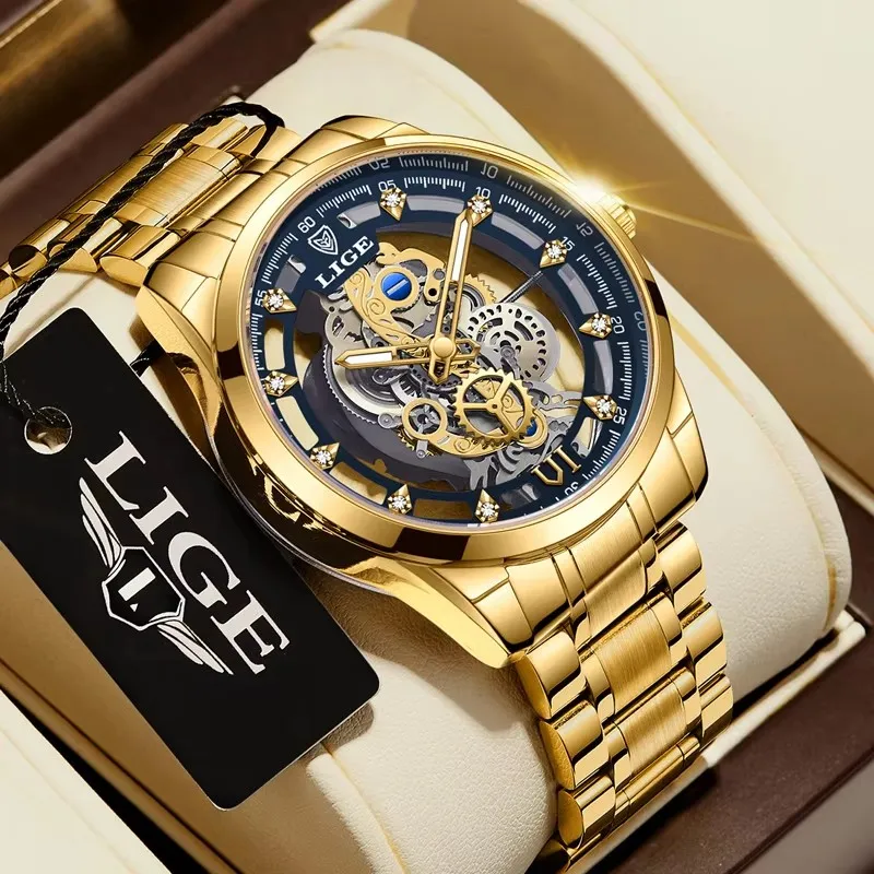 LIGE Мужские часы Скелет Кварцевые наручные часы Золотой скелет Мужские часы Лучший бренд Роскошные часы Мужские часы Relojs Hombre + коробка