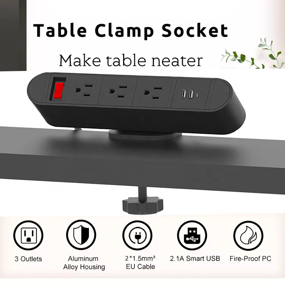 Melery US Plug Tabletop USB Typ c Gniazdo Biurko Zacisk krawędziowy Listwa zasilająca Janpan Gniazdo elektryczne 3 Gniazdo Meksyk Stół Dom Biuro