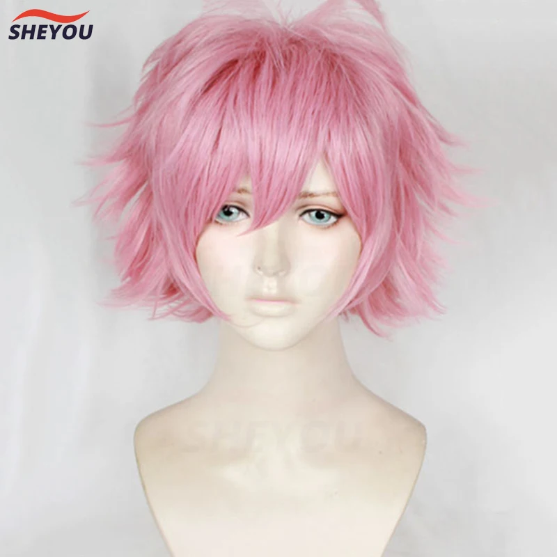 Anime Boku no Hiro Akademia Ashido Mina Cosplay Wig Short Pink Heat Resistant Synthetic Hair Wig + Free Wig Cap (Need Styled)