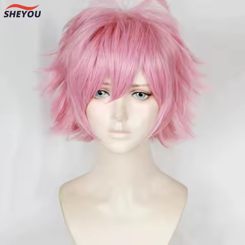 Anime Boku no Hiro Akademia Ashido Mina Cosplay Wig Short Pink Heat Resistant Synthetic Hair Wig + Free Wig Cap (Need Styled)