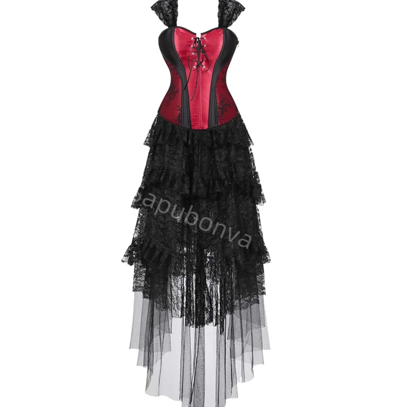 

Corset Dress Plus Size Long Skirt Set Sexy suspenders Overbust Burlesque Gothic Vintage Halloween Costume Fashion Party Red