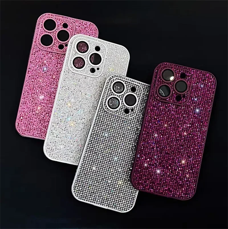 Diamond Full Lens Protection Glitter Rhinestone Case For iPhone 11 13  12 14 15 Pro Max Plus Shiny Shockproof Bumper Back Cover