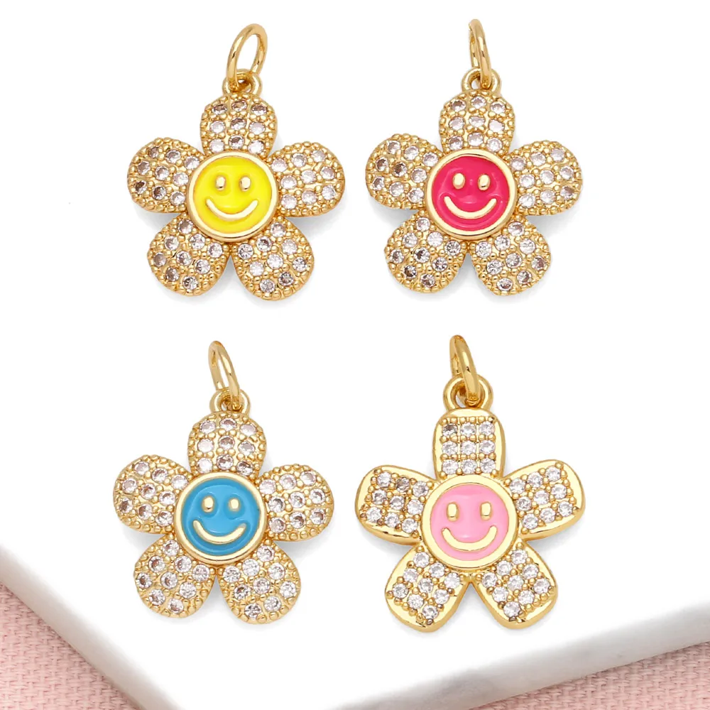 Clearance Enamel Sunflower Pendant for Necklaces Copper Gold Plated CZ Flower Jewelry Making Supplies Handmade pdtb619