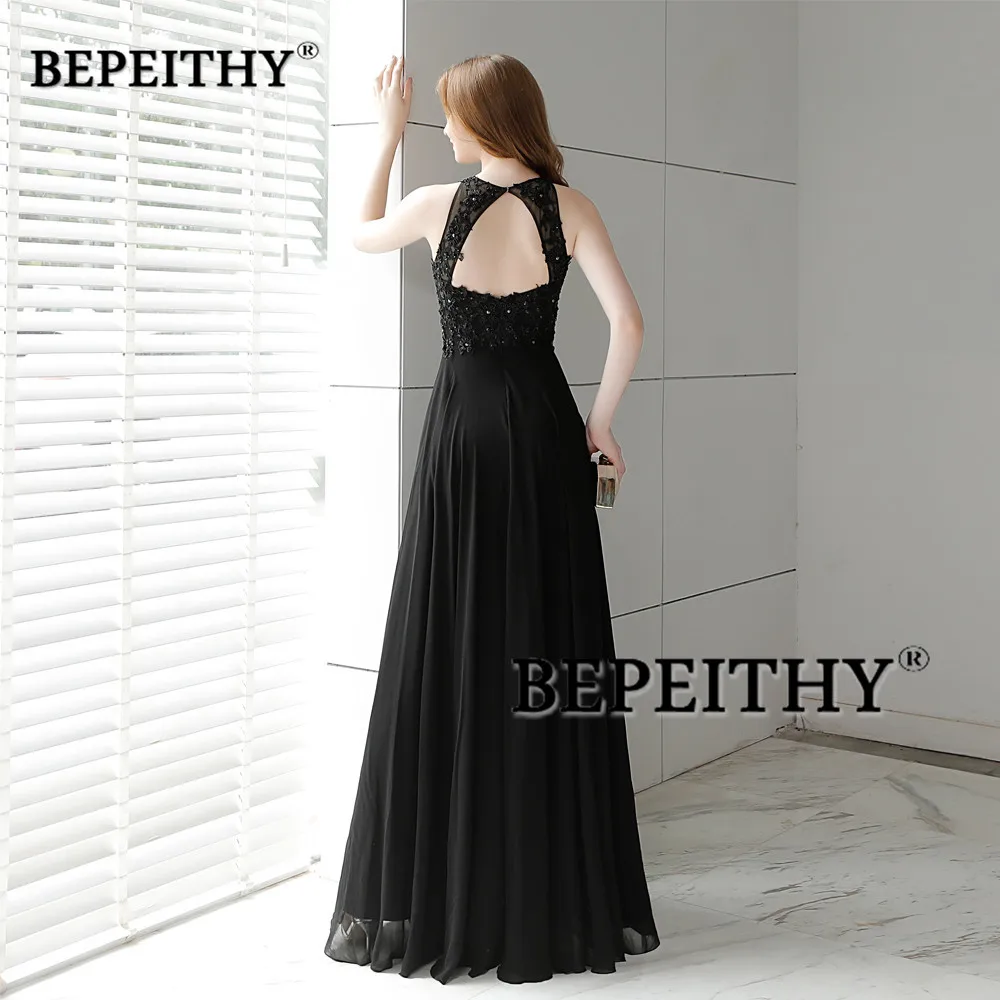 BEPEITHY Personalizado Moda Backless Chiffon Prom Vestidos O Pescoço Sem Mangas Vintage Vestido De Noite Lace Apliques Robe De Soirée