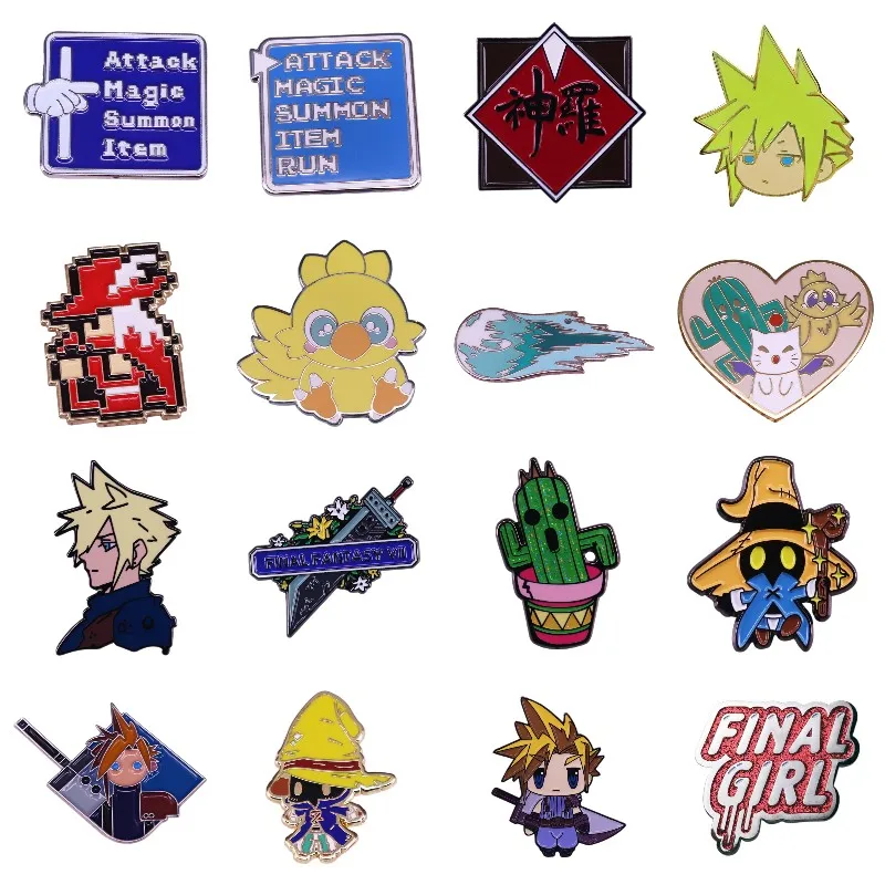 Excellent Quality Game Enamel Pin Cloud Strife Buster Sword Meteor Chocobo Red Mage Vivi Badge Shinra Attack Menu Gamer Brooches