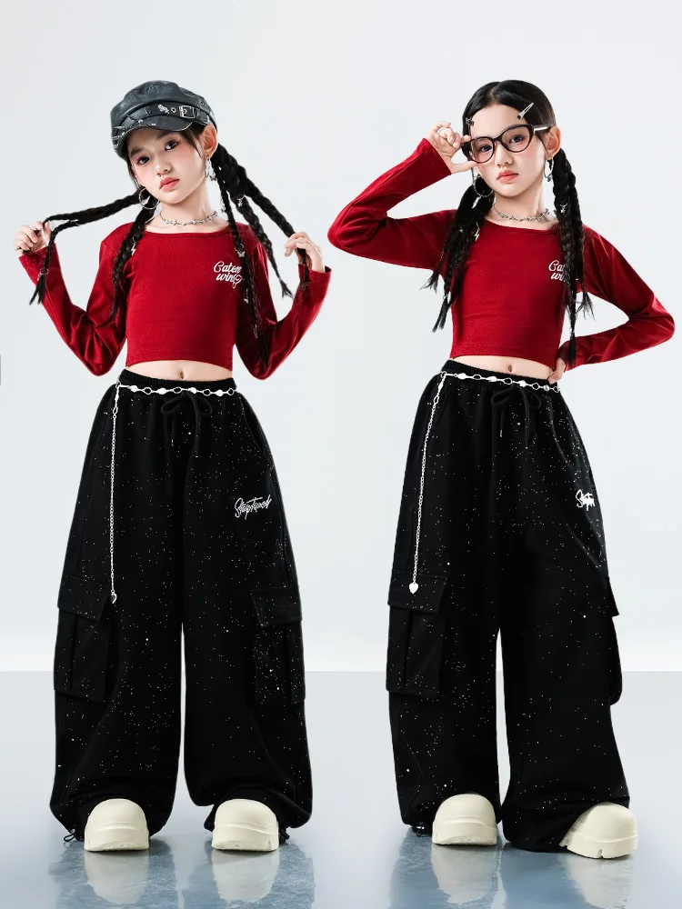 Teen Kids Hip Hop K-pop Outfits Crop Top ‌Statement Cargo Pants Girls Streetwear Costume Child Jazz Girl Group Dance Clothes Set
