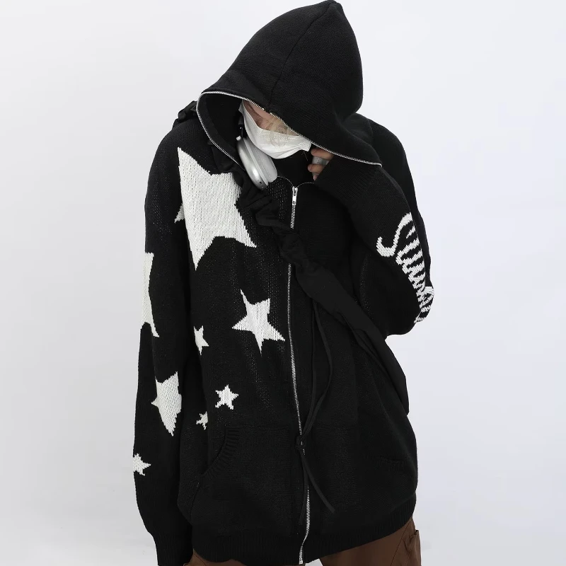 Spring Mens Harajuku Knitted Jacket Vintage Star Pattern Hooded Cardigan Male High Street Hip Hop Couple Knitted Coats 2024