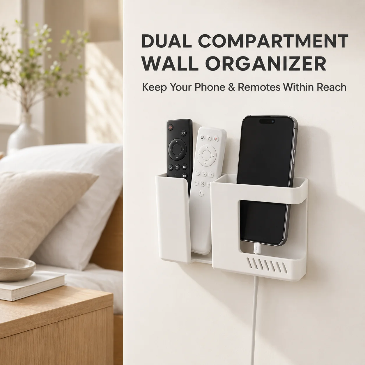 2 In 1 Punch Free Wall Mounted Organizer Remote Control Storage Box Mobile Phone Plug Wall Holder Charging Multifunction Hook