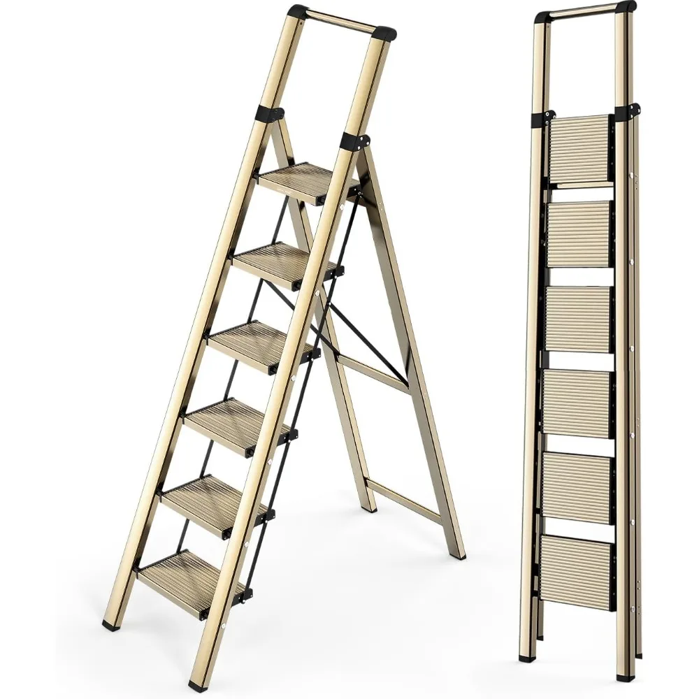 Escalera plegable ligera con pedales anchos antideslizantes, escalera con mango de agarre seguro, fácil de abrir y cerrar, 6 escalones