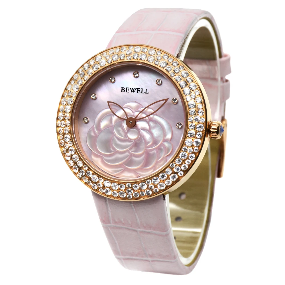 Reloj de mujer de cuarzo de acero inoxidable a la moda con correa de cuero con incrustaciones de diamantes y esfera de flores