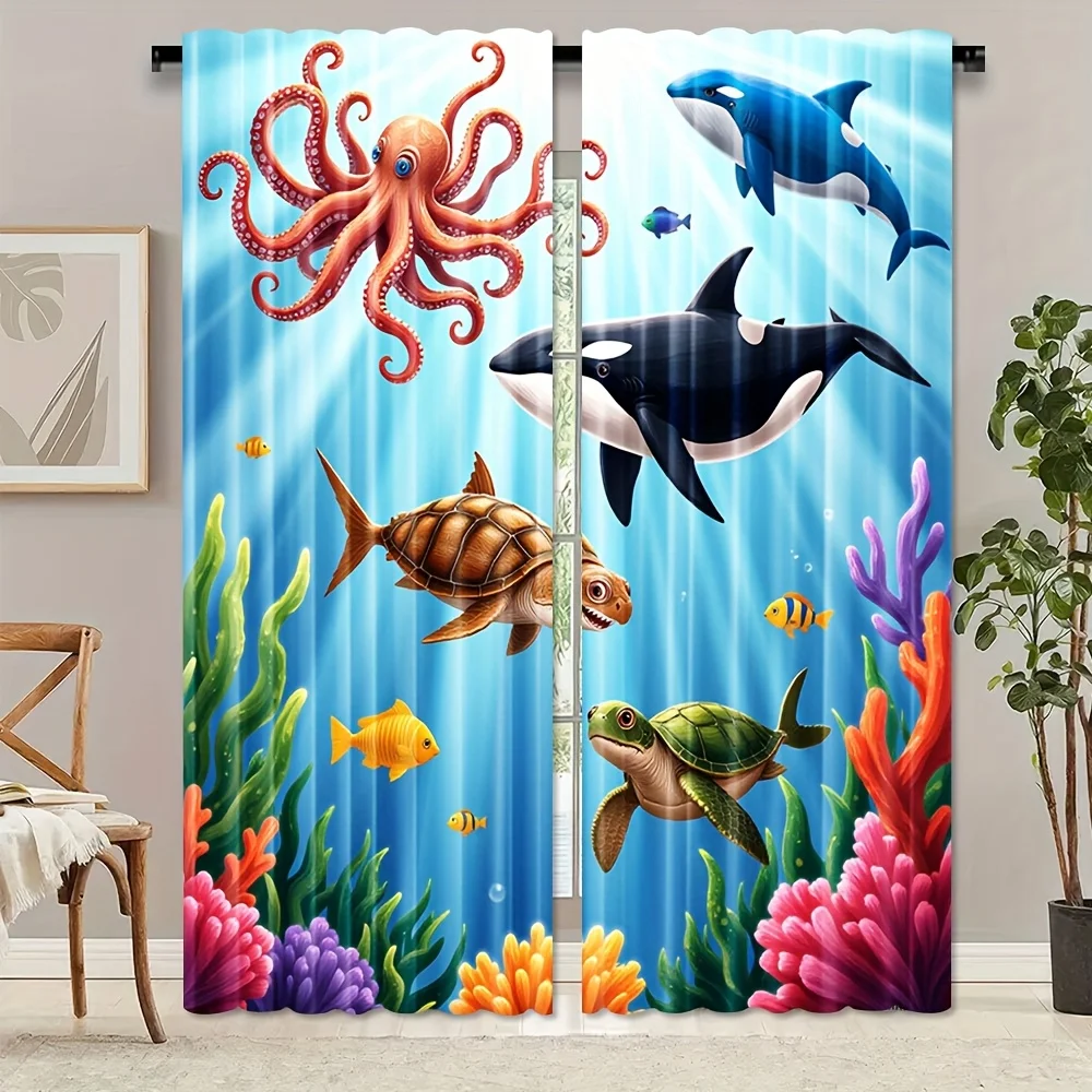Cartoon Underwater Marine Animal Curtain 2 Panels Octopus Orca Turtle Coral Bright Blue Seawater Background Master Bedroom