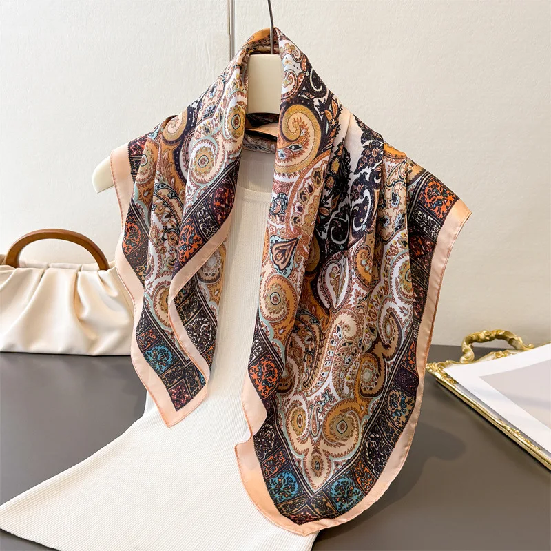 Vintage Paisley Print Shawl Square Scarf for Women Satin Fashion Wraps Neckerchief Female Hair Bands Ribbon Headband Bandana