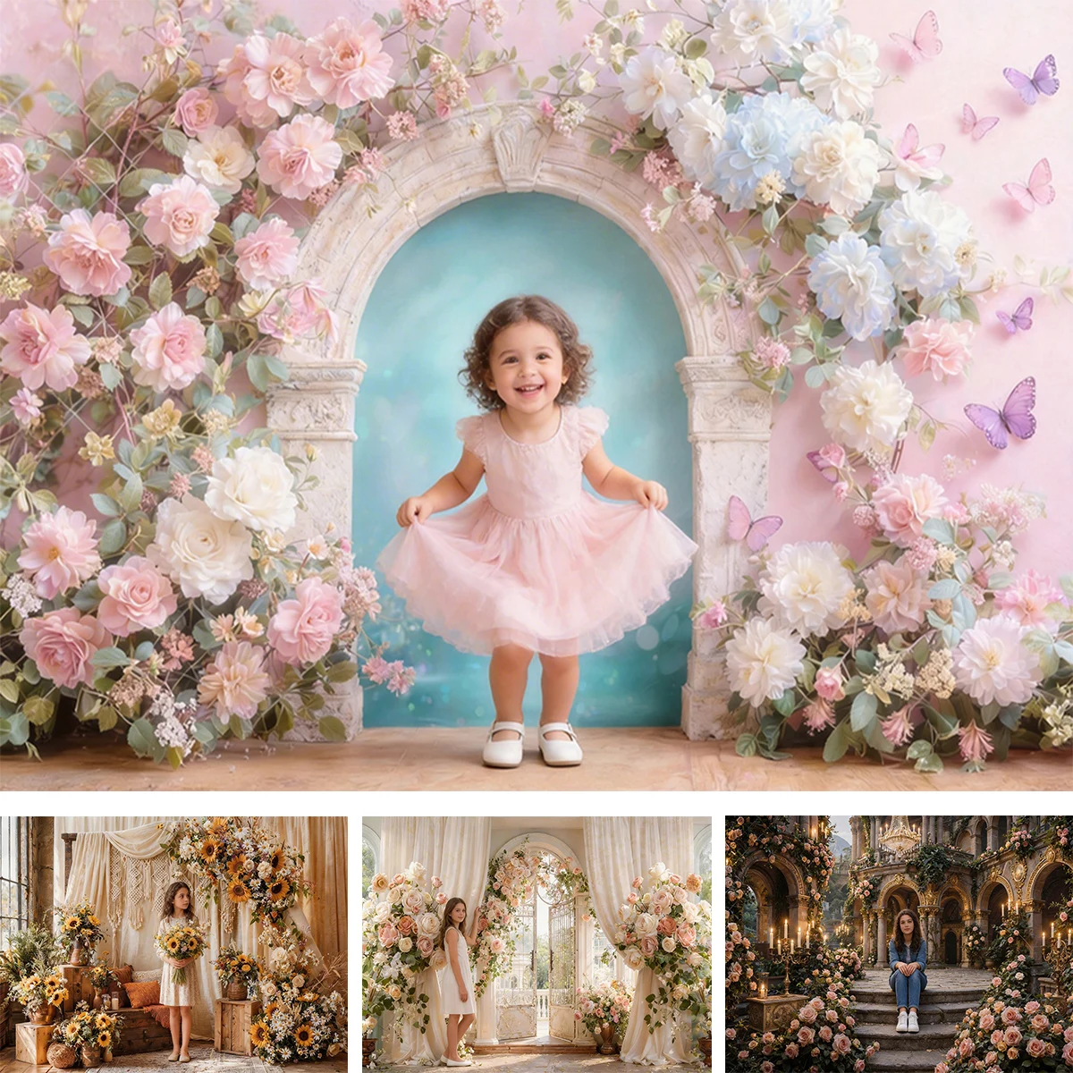 Floral Arch Butterfly Photography Backdrop Kids Cake Smash Props Dreamy Flower Backgrounds for Girls Party Photo Booth Props