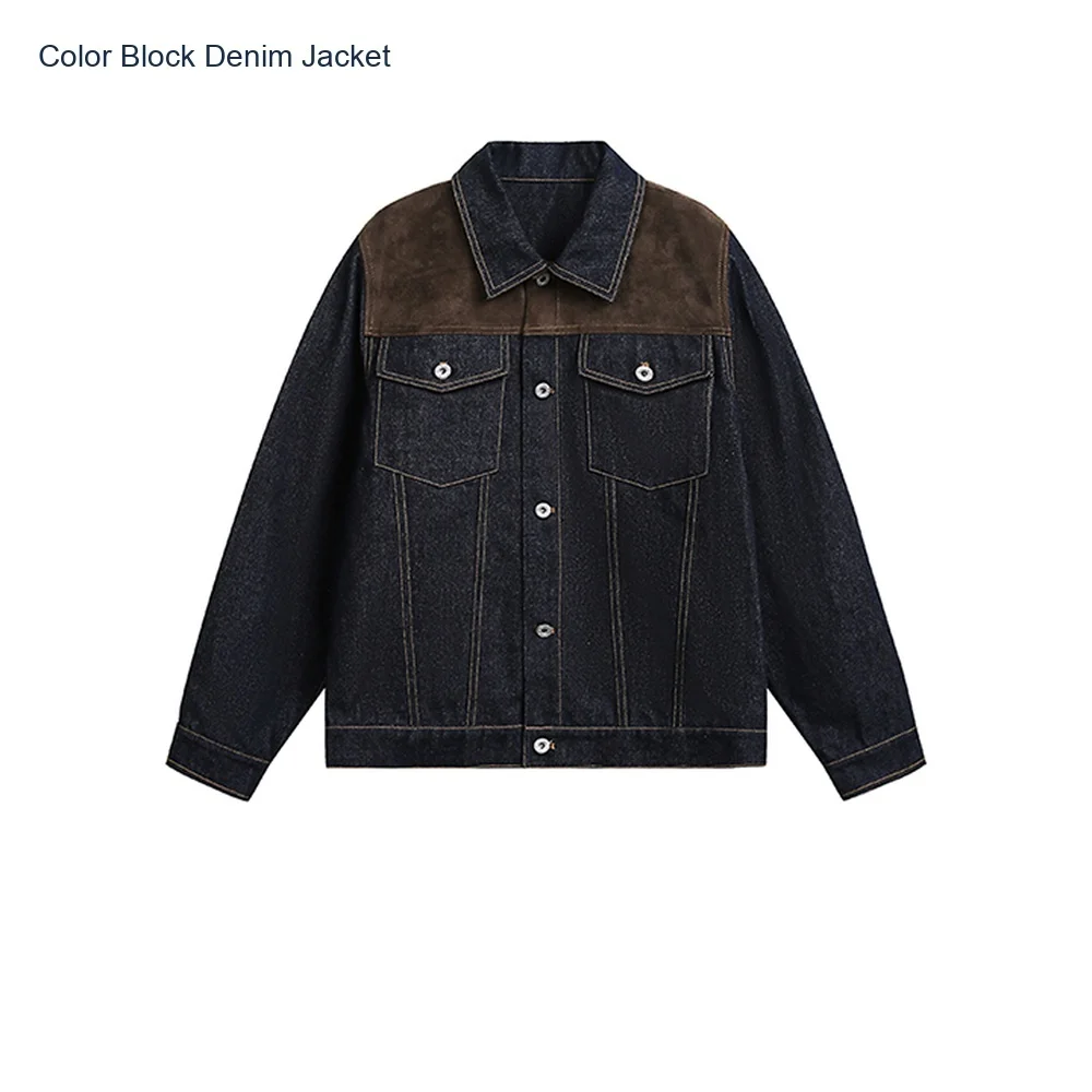 Men's Denim Jacket Cotton Blend Color Block Turn Down Collar Long Sleeve Button Front Casual Spring Autumn Unisex Outerwear