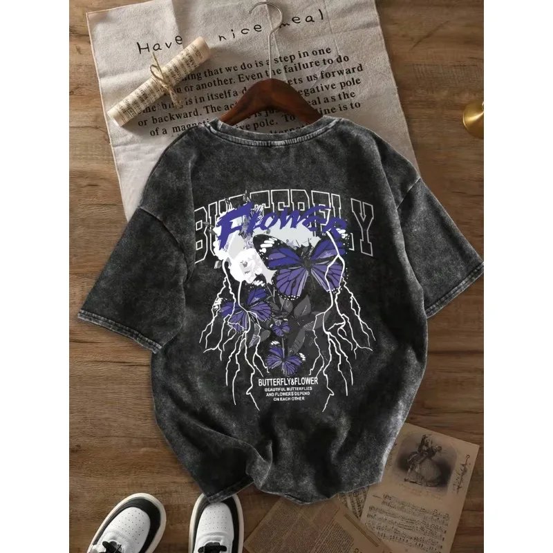 Vintage Purple Butterfly Lightning Flower T-Shirt Gothic Butterfly Floral Print Oversize Short Sleeve Loose Fit Crew Neck Top