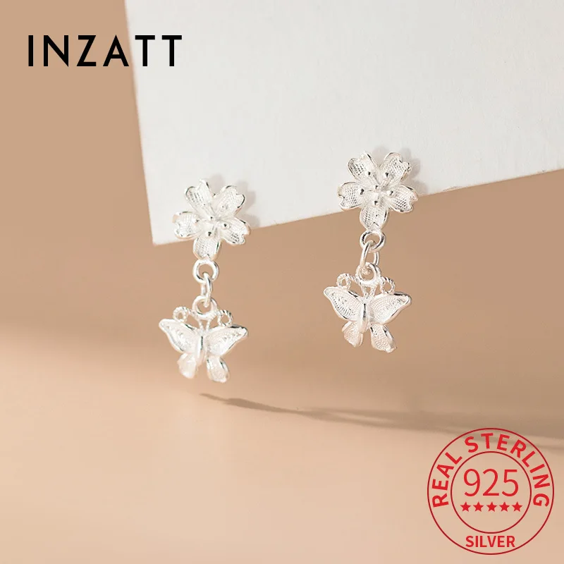 

INZATT Real 925 Sterling Silver Flower Butterfly Pendant Stud Earrings for Women Classic Fine Jewelry Minimalist Accessory