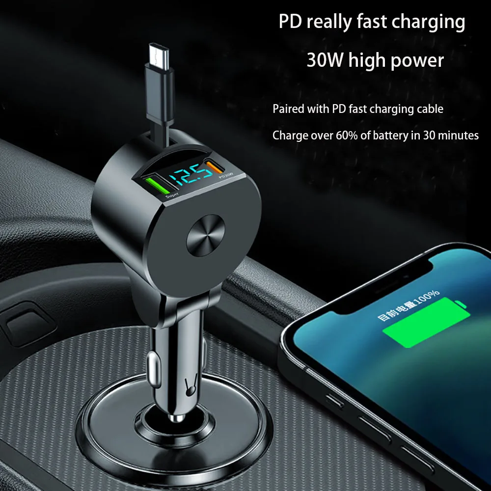 PD30W Retractable Car Fast Charge connetor 3 in 1 USB C Car Charging Adapter for iPhone Huawei Xiaomi Samsung