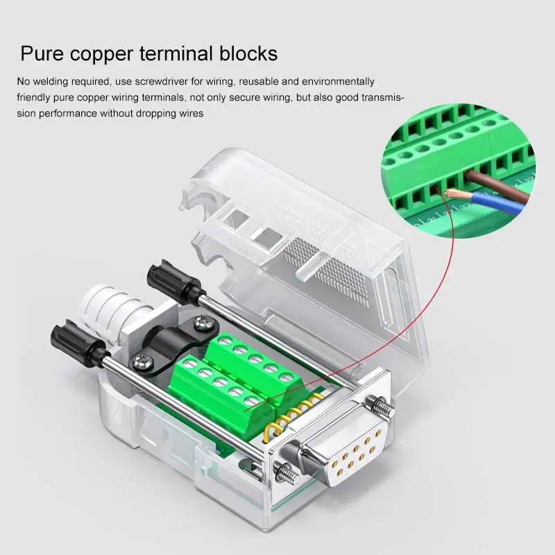 1pc DB9 Solderless Connector 9-pin Breakout Terminal Adapter RS232/COM Serial Port Plug Transparent Shell Male and Female Head