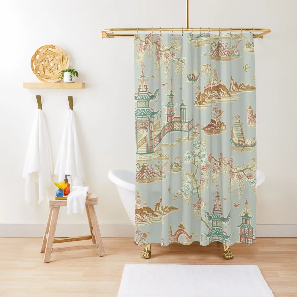 

Wuwei Traditional Oriental Garden Teahouse - Gray and Gold Chinoiserie Shower Curtain Bathroom Decor Curtain