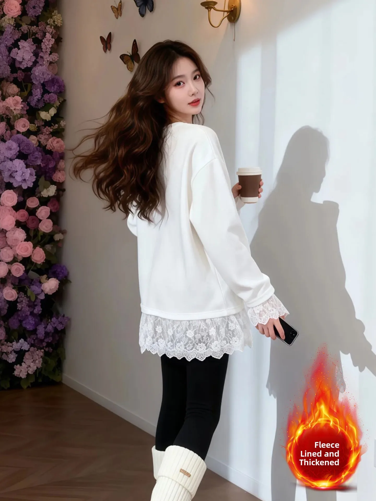 플러스 사이즈 양면 벨벳 화이트 미디 길이 레이스 롱 스웨터 여성 가을 겨울 신상 슬리브리스 베이스 레이어 탑