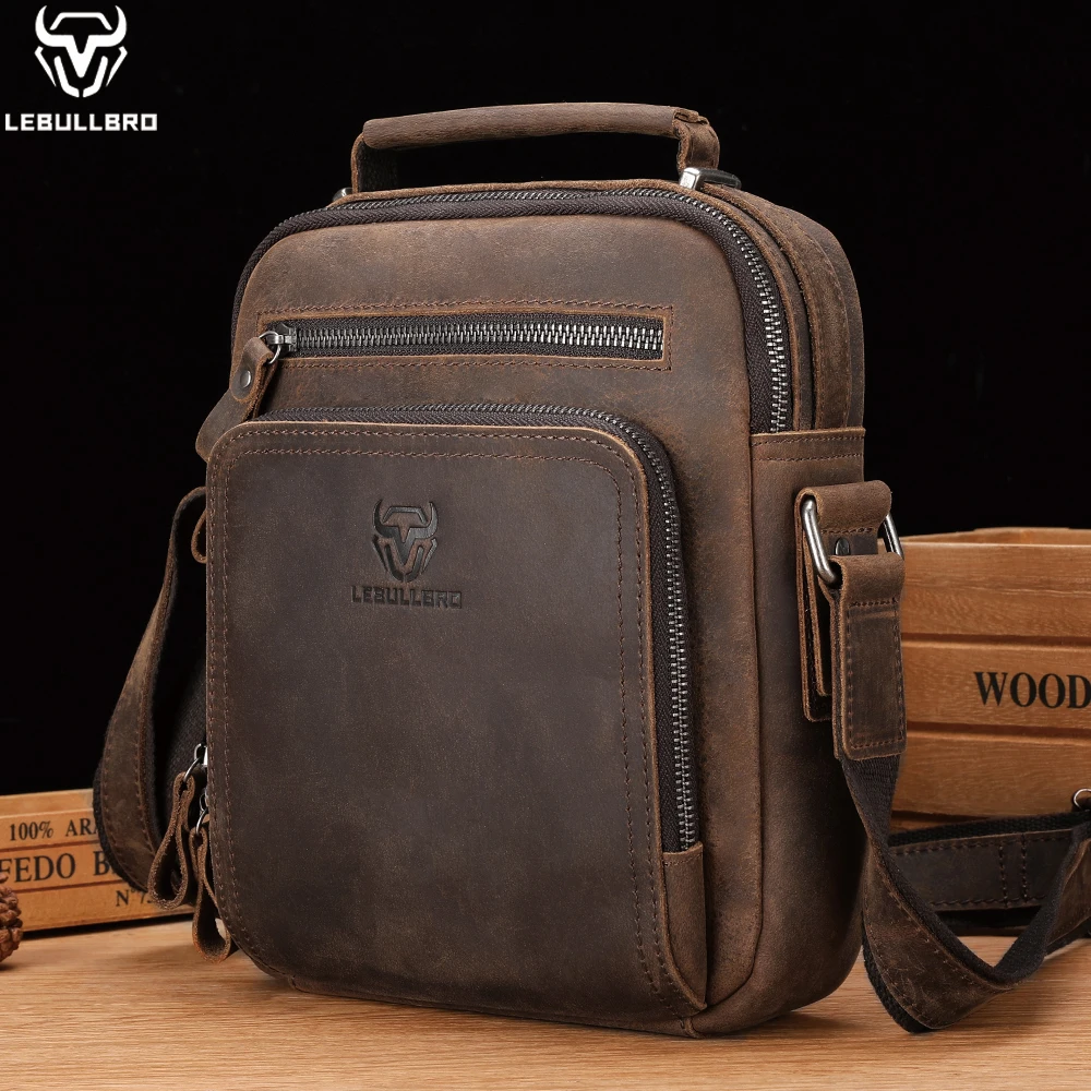 

LEBULLBRO Men's crazy horse leather single-shoulder bag multi-layered small bag genuine leather crossbody bag Adjustable Strap