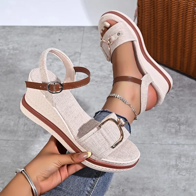 Ladies Buckle Wedge Sandals Platform High Heels Retro Open Toe Casual Shoes for Women Summer Beach Vacation Slides Women Sandals