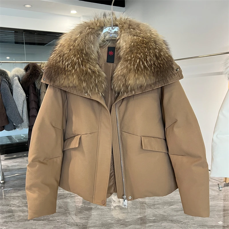 Women High‑Quality WinterNewShort Parka Goose Down Jacket Genuine Natural Big Raccoon FurCollar Warm Casual LadiesDown Outerwear