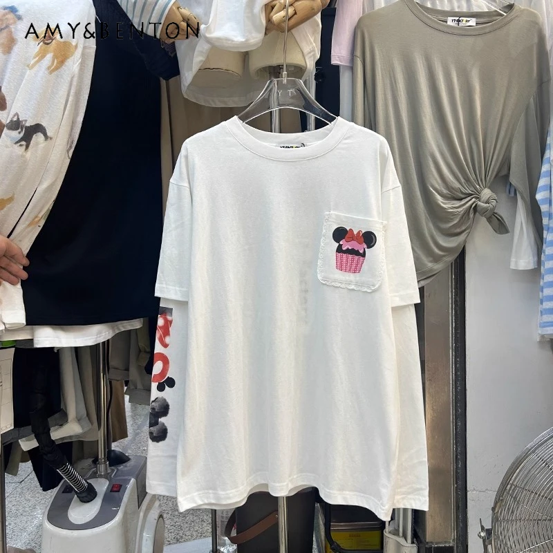 

Oversized Mid-Length Long Sleeved T-shirt Women's 2025 Autumn Round Neck Cartoon Print Pocket Loose Age-Reducing Top Pullover