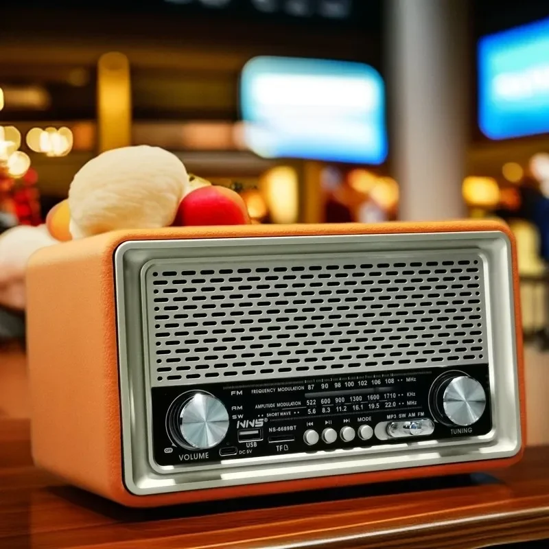 Retro Leather Wood Bluetooth Speaker Double Horn High-power Outdoor FM/AM/SW Multi-band Radio Support FM USB TF Card MP3 Player