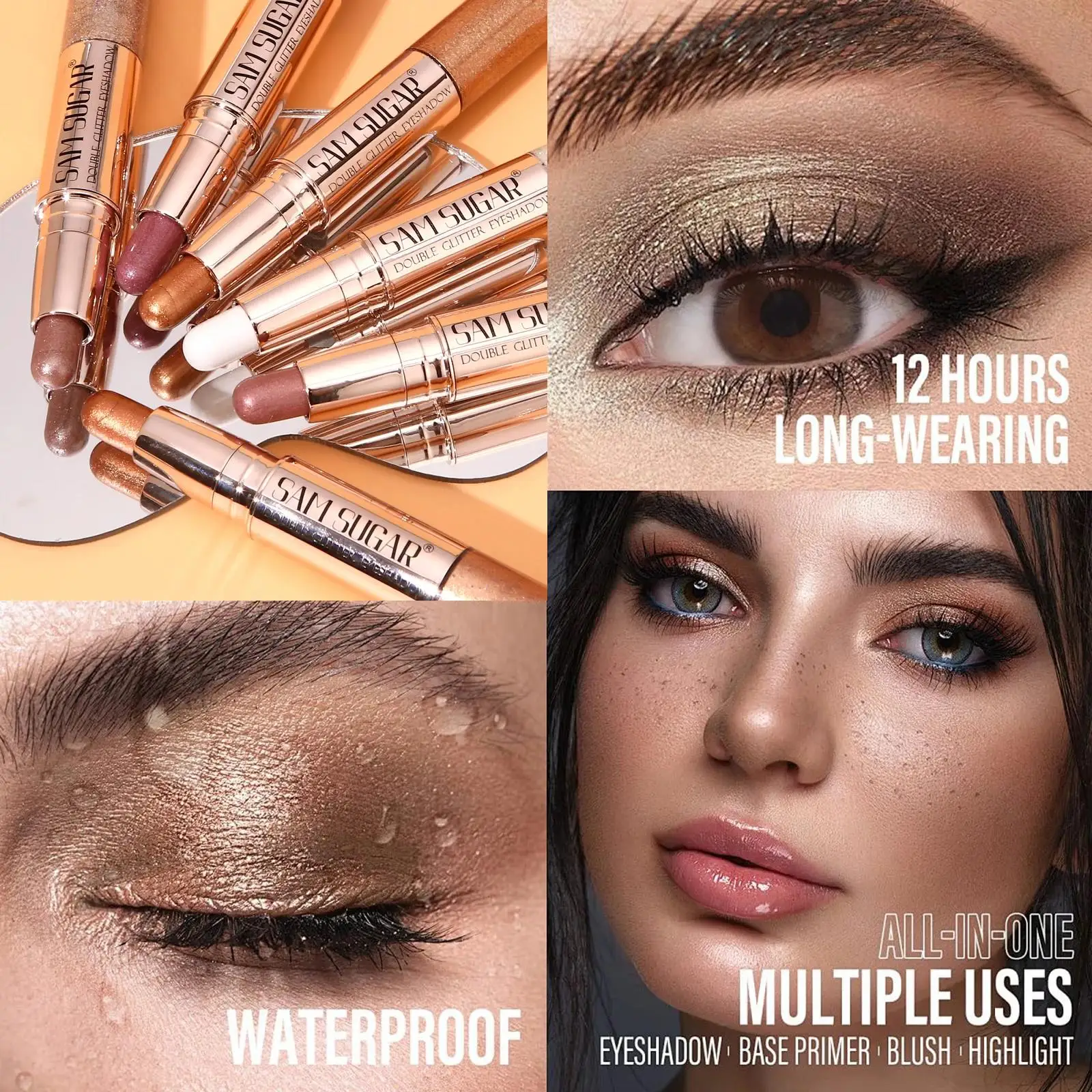 Waterproof Gradient Eyeshadow Stick Glitter Pearl Highlighter Blush 3in1 Brightening Contouring Makeup Double Head Long Lasting