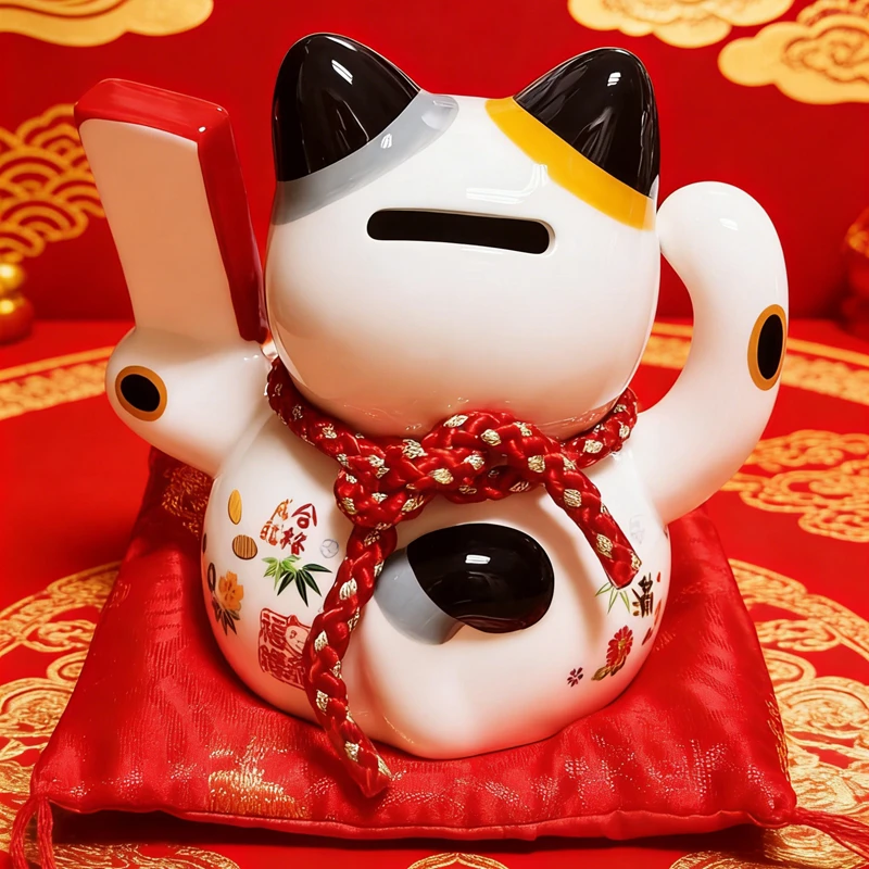 5.8 Inch Ceramic Lucky Cat Money Bank Fortune Cat Figurine for Home Office Decoration, Maneki Neko with Bell and Red Cushion
