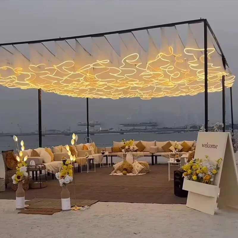 Wedding Ceiling Decoration Outdoor LED Luminous Wave Gauze Curtain with String Lights Event Layout Props