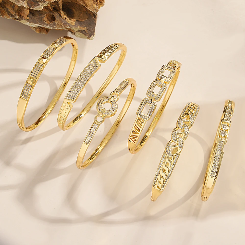 DODOHAO Luxury Shinny Zircon Gold Plated Bracelet Bangle for Women Charm Geometric Bowknot Round Spring Opening Bangle Lady Gift