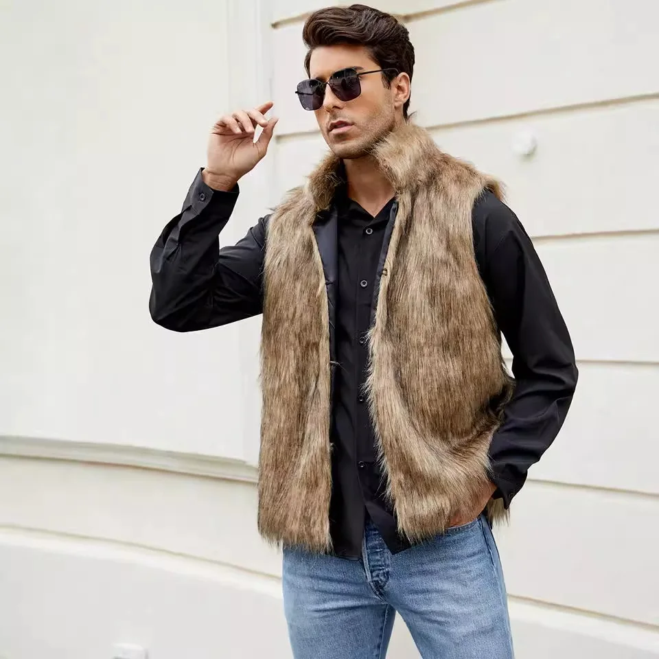 Men's Short Faux Fur Coat Jacket Autumn Winter Vest Maxi Warm Vest Coats Thick Pockets 2024 Long Sleeve Mom Y2k Coat Jacketss