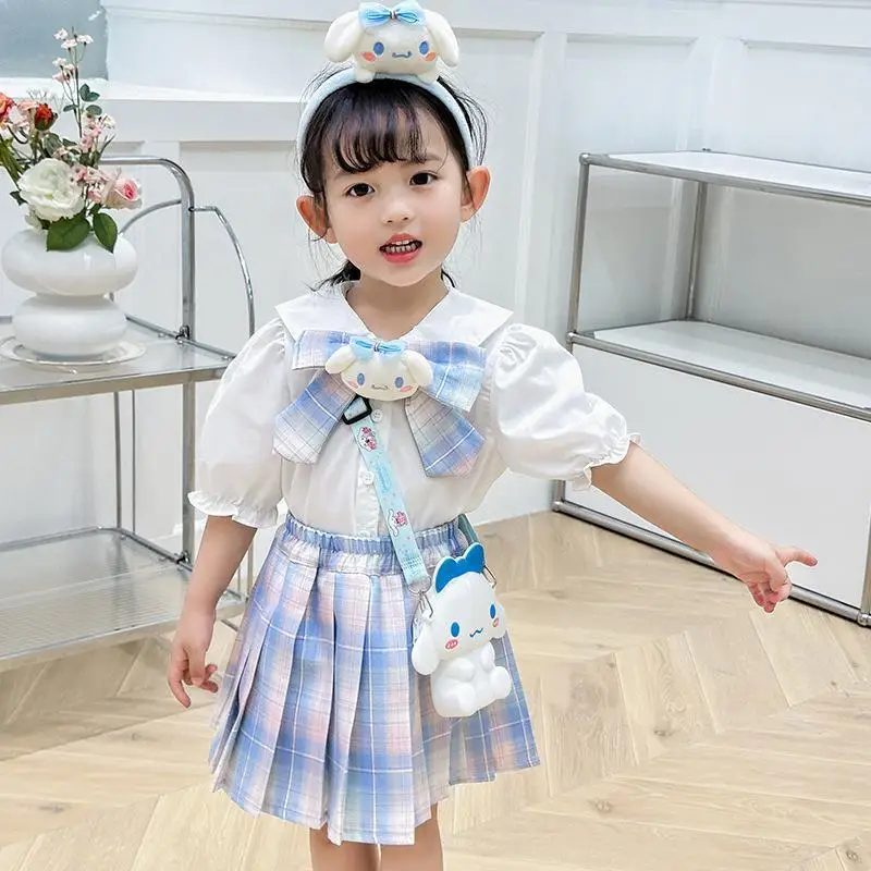 Kawaii أنيمي مرحبا كيتي الفتيات Jk تنورة مجموعة سينامورول سانريوس الصيف القوس دمية طوق قصيرة الأكمام مطوي تنورة بحار موحدة