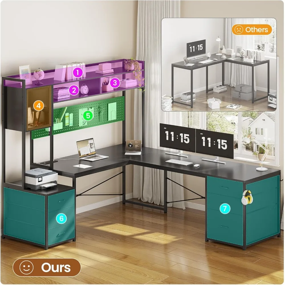 L-Shaped Gaming Desk with Drawers, Reversible Corner Desk for Home Office, File Drawer, Storage Shelves, Ergonomic Design